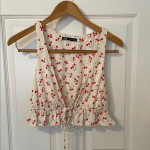 Zara Cherry Print Crop Top - White and Red